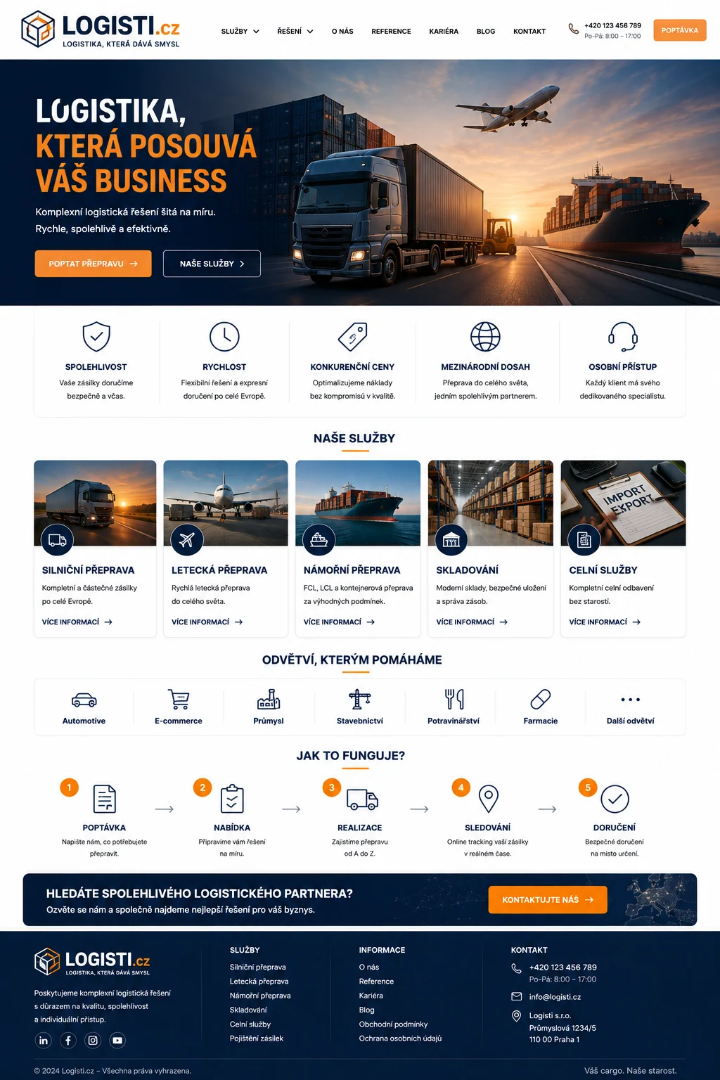 Ilustrační návrh možného webu Logisti.cz pro logistiku, přepravu a koordinaci dodavatelských řetězců